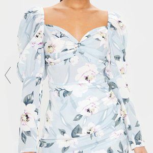 Pale Blue Floral Print Sleeve Twist Detail Bodycon